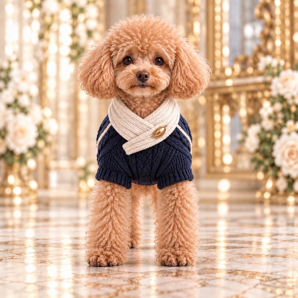 高級犬服「配色襟ケーブルニット」のネイビーを着用したトイプードルの正面写真。首元に斜めに重ねたアイボリーのニット襟とゴールドカラーの楕円ボタン、胸元の編み模様が見える犬用ニット。