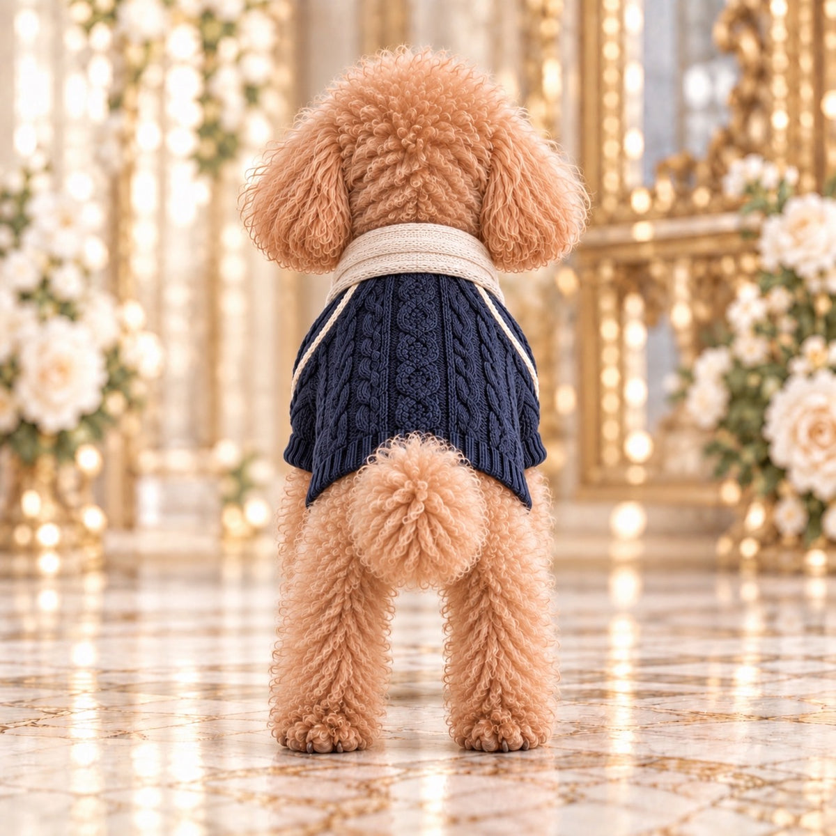 高級犬服「配色襟ケーブルニット」のネイビーを着用したトイプードルの後ろ姿。背中全体に広がる立体的なケーブル編みと左右のアイボリーの配色ライン、首元の重ね襟が特徴。