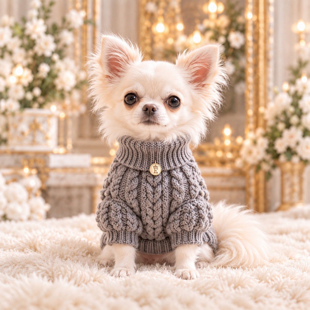 高級犬服「立体編みタートルニット」を正面から着用した白いチワワ。グレーの立体的なケーブル編み模様と、首元を包む折り返しのリブ襟が特徴。袖の丸みのある編み飾りとゴールドのEマークが上品なElemurus Preciousの犬用ニット。