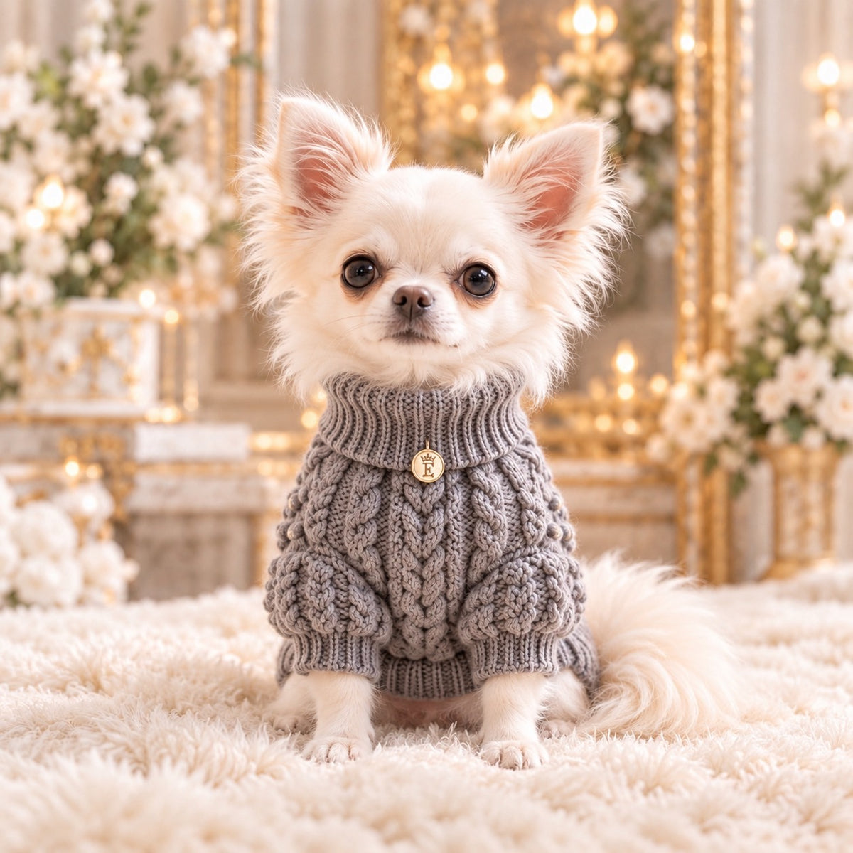 高級犬服「立体編みタートルニット」を正面から着用した白いチワワ。グレーの立体的なケーブル編み模様と、首元を包む折り返しのリブ襟が特徴。袖の丸みのある編み飾りとゴールドのEマークが上品なElemurus Preciousの犬用ニット。