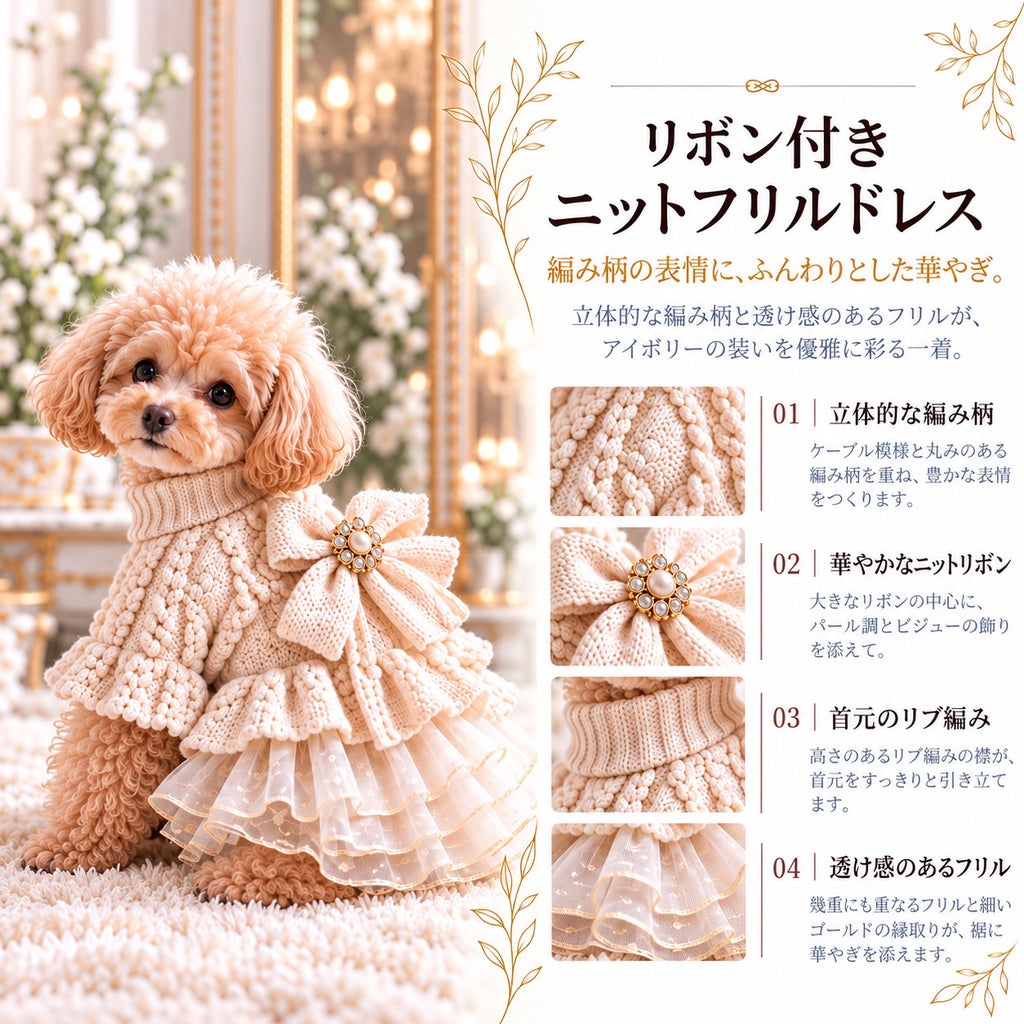 高級犬服のリボン付きニットフリルドレスを着用したトイプードルの商品紹介画像。アイボリーの立体的なケーブル編みニットに、パール調ビジュー付きの大きなリボンと、ゴールドの縁取りが美しい透け感のある多層フリルスカートを組み合わせた、Elemurus Preciousの犬用ドレス。