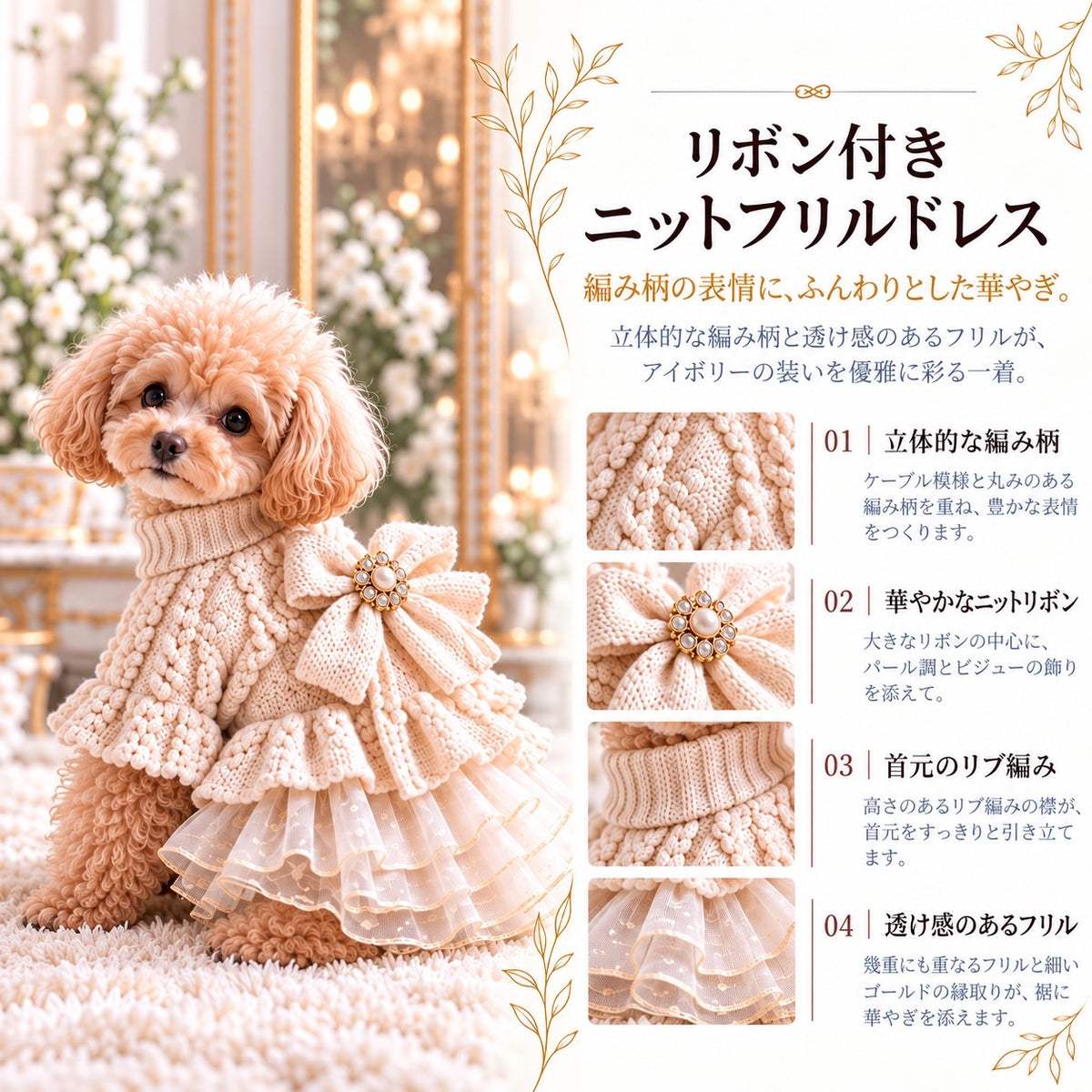 高級犬服のリボン付きニットフリルドレスを着用したトイプードルの商品紹介画像。アイボリーの立体的なケーブル編みニットに、パール調ビジュー付きの大きなリボンと、ゴールドの縁取りが美しい透け感のある多層フリルスカートを組み合わせた、Elemurus Preciousの犬用ドレス。