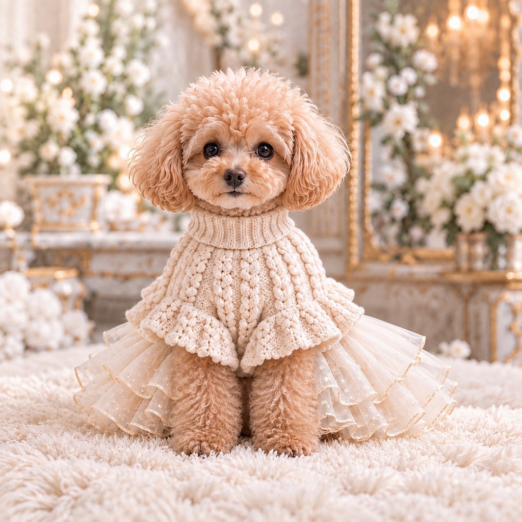 高級犬服のリボン付きニットフリルドレスを正面から着用したトイプードル。アイボリーの立体的なケーブル編みと首元のリブ編みが特徴。ふんわり広がる袖口と、ゴールドの縁取りを施した透け感のあるフリルスカートが上品な、Elemurus Preciousの犬用ドレス。