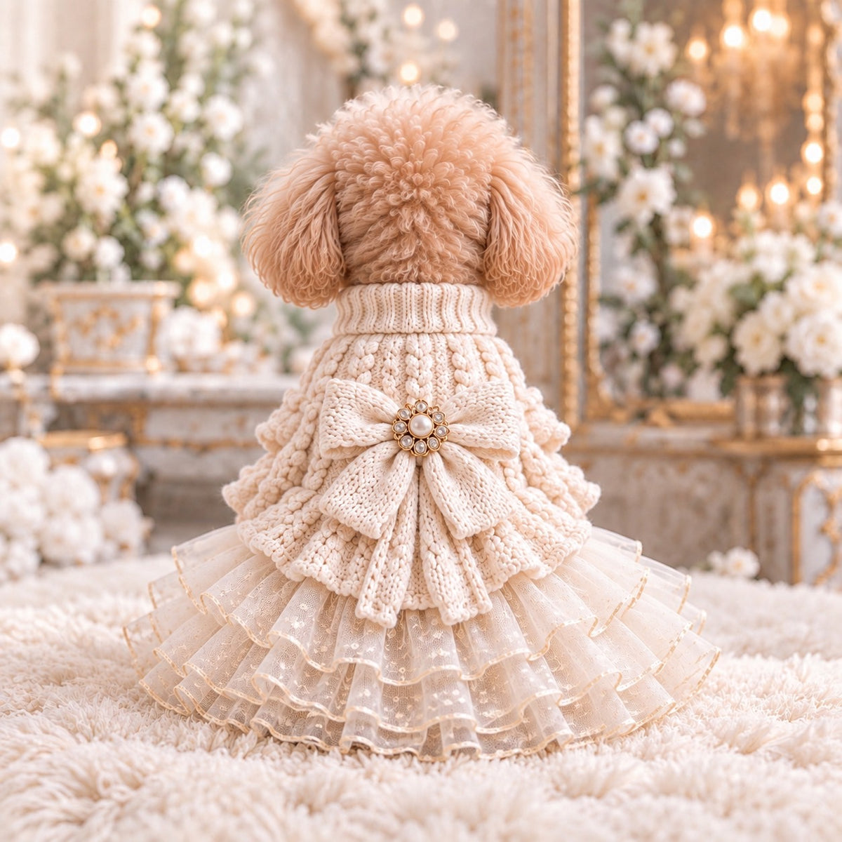 高級犬服のリボン付きニットフリルドレスを後ろ向きに着用したトイプードル。アイボリーの立体的なケーブル編みニットに、パール調ビジューを中央にあしらった大きなリボンが特徴。ゴールドの縁取りが施された透け感のある多層フリルスカートが華やかな、Elemurus Preciousの犬用ドレス。