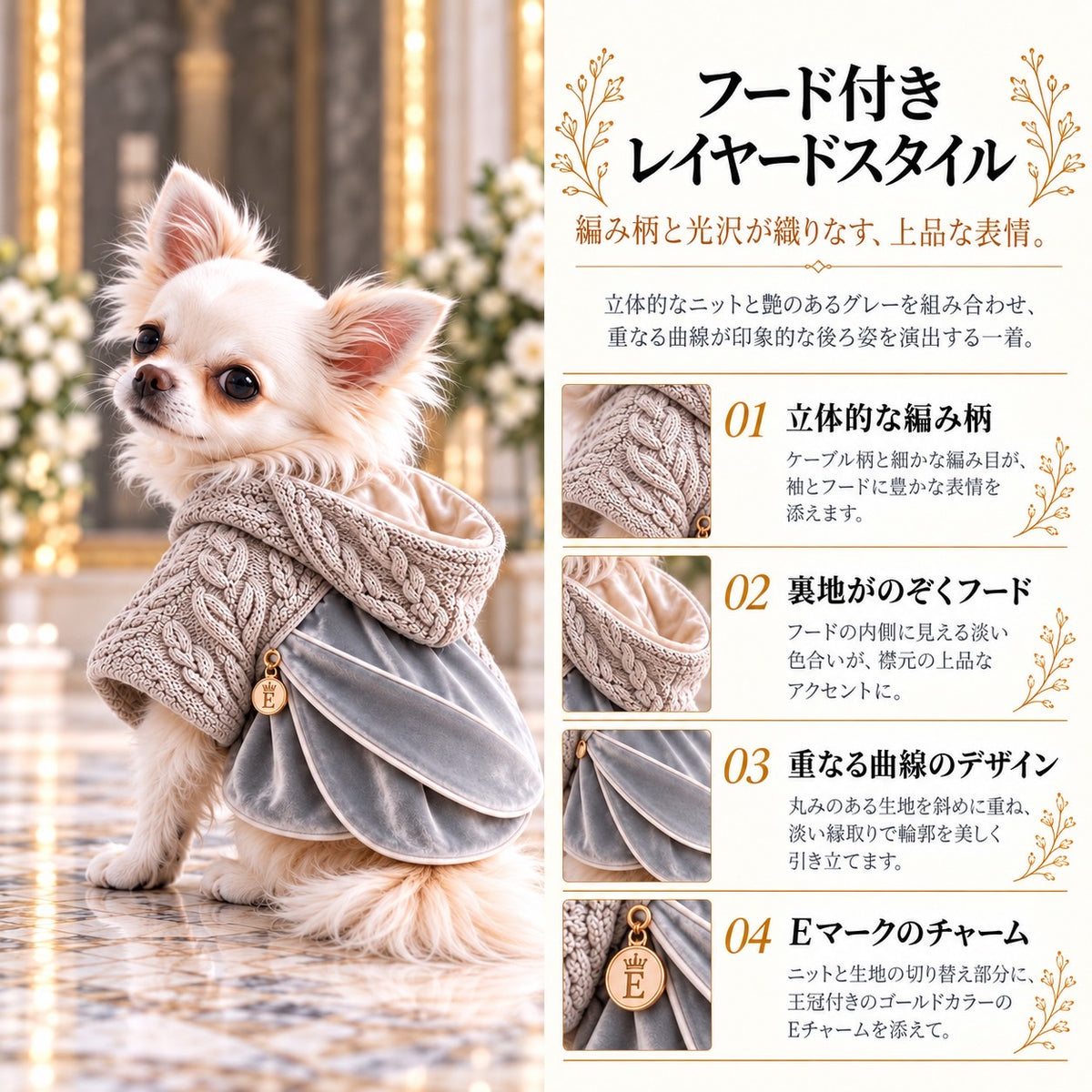 高級犬服「フード付きレイヤードスタイル」を着用したロングコートチワワの商品紹介画像。立体的なケーブル編みのニット、裏地付きフード、光沢のあるグレーの重ね合わせデザイン、ゴールドのEチャームを紹介。