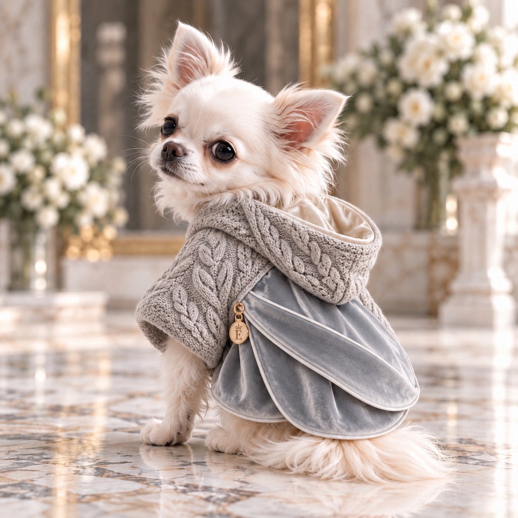 高級犬服「フード付きレイヤードスタイル」を着用して座るクリーム色のロングコートチワワの横向き写真。ケーブル編みのニットフードと袖、光沢のあるグレーの重なり合う裾、ゴールドのEチャームが特徴。