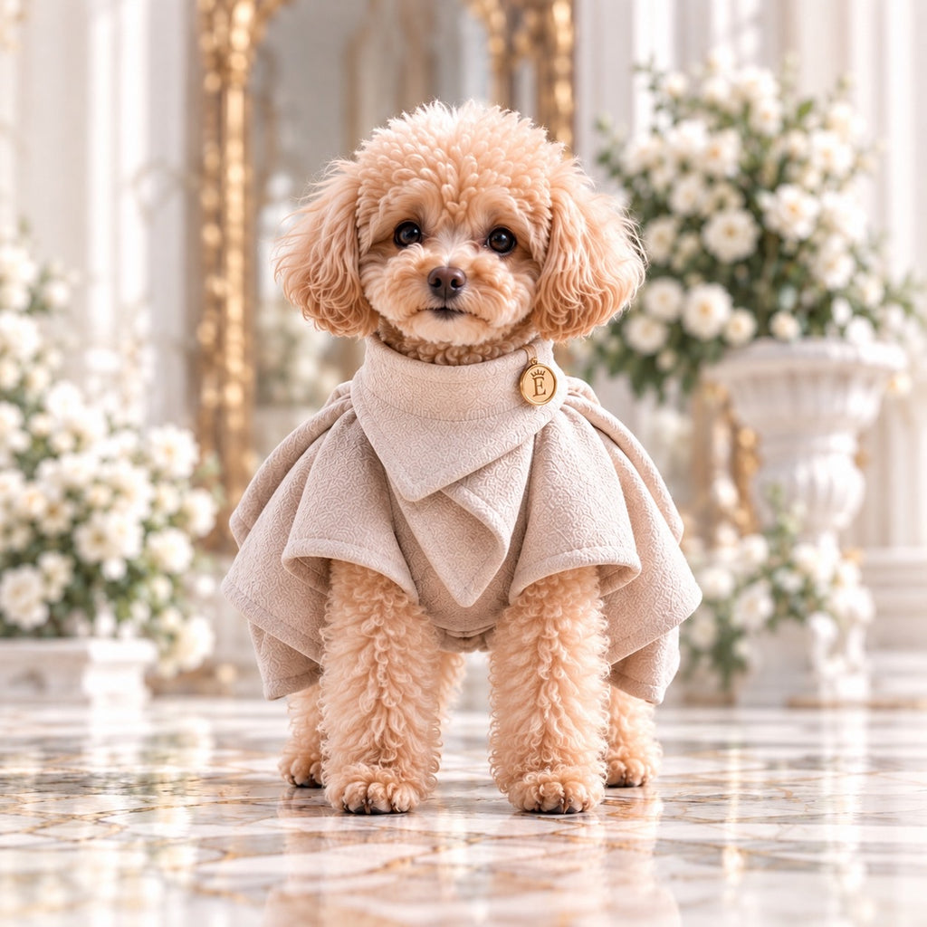 高級犬服「Luxe Ring Ribbon Cape」を着用したトイプードルの正面写真。グレージュの斜めに重なる幅広襟、王冠付きEマークのゴールドチャーム、肩から広がる立体的なドレープが特徴。