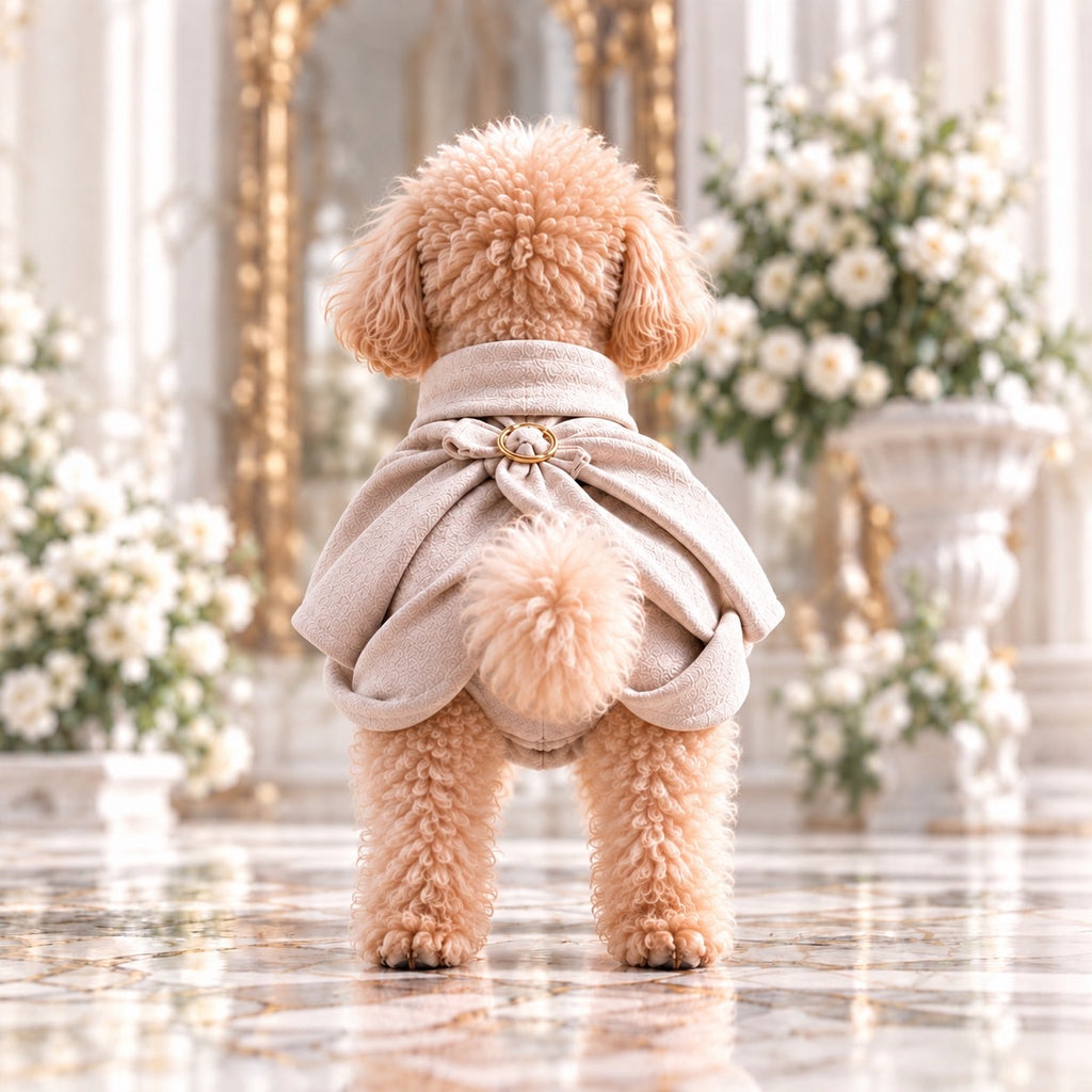 高級犬服「Luxe Ring Ribbon Cape」を着用したトイプードルの後ろ姿。背中のゴールドリング付きリボンと幾重にも重なるグレージュのドレープ、丸く広がる立体的なシルエットを紹介。