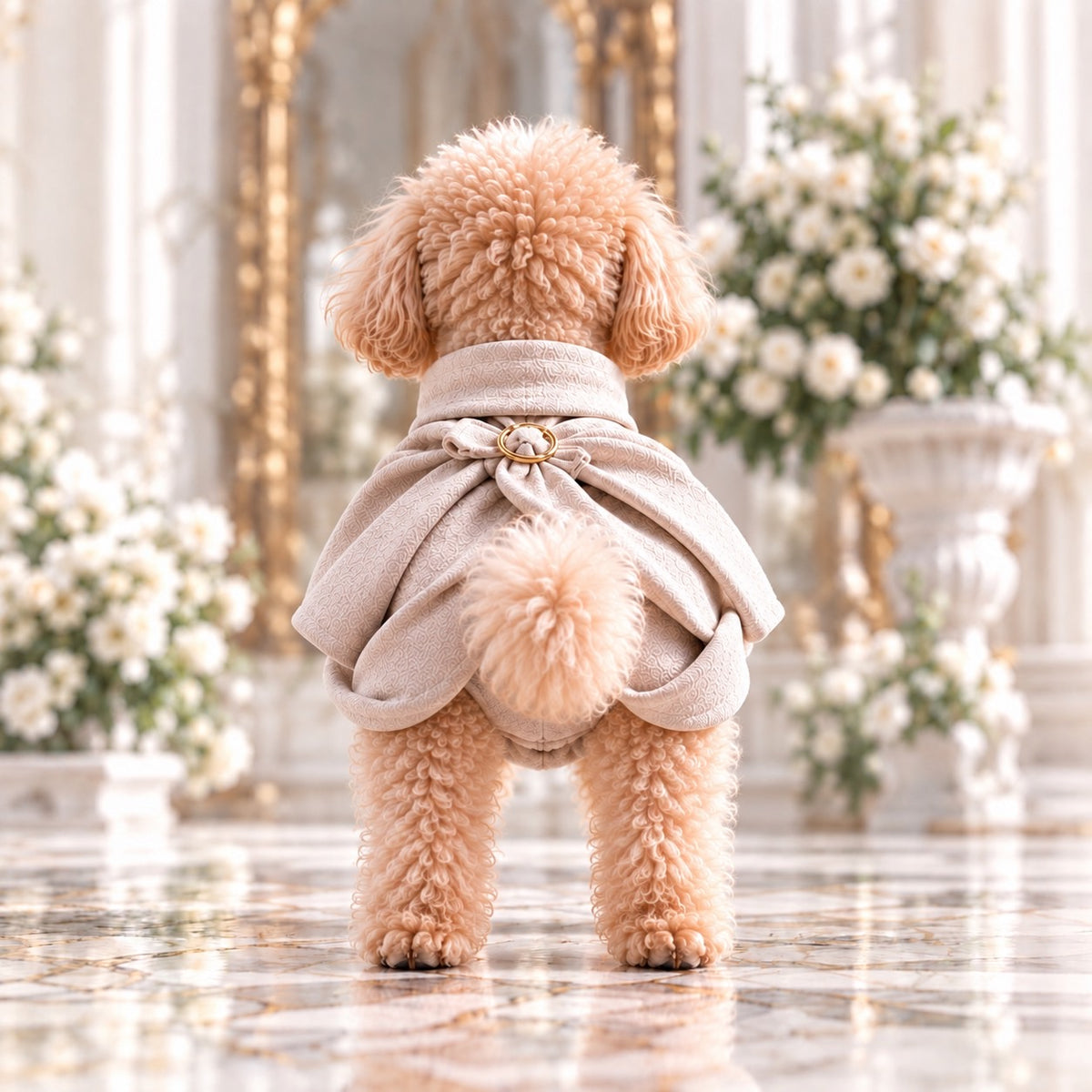 高級犬服「Luxe Ring Ribbon Cape」を着用したトイプードルの後ろ姿。背中のゴールドリング付きリボンと幾重にも重なるグレージュのドレープ、丸く広がる立体的なシルエットを紹介。