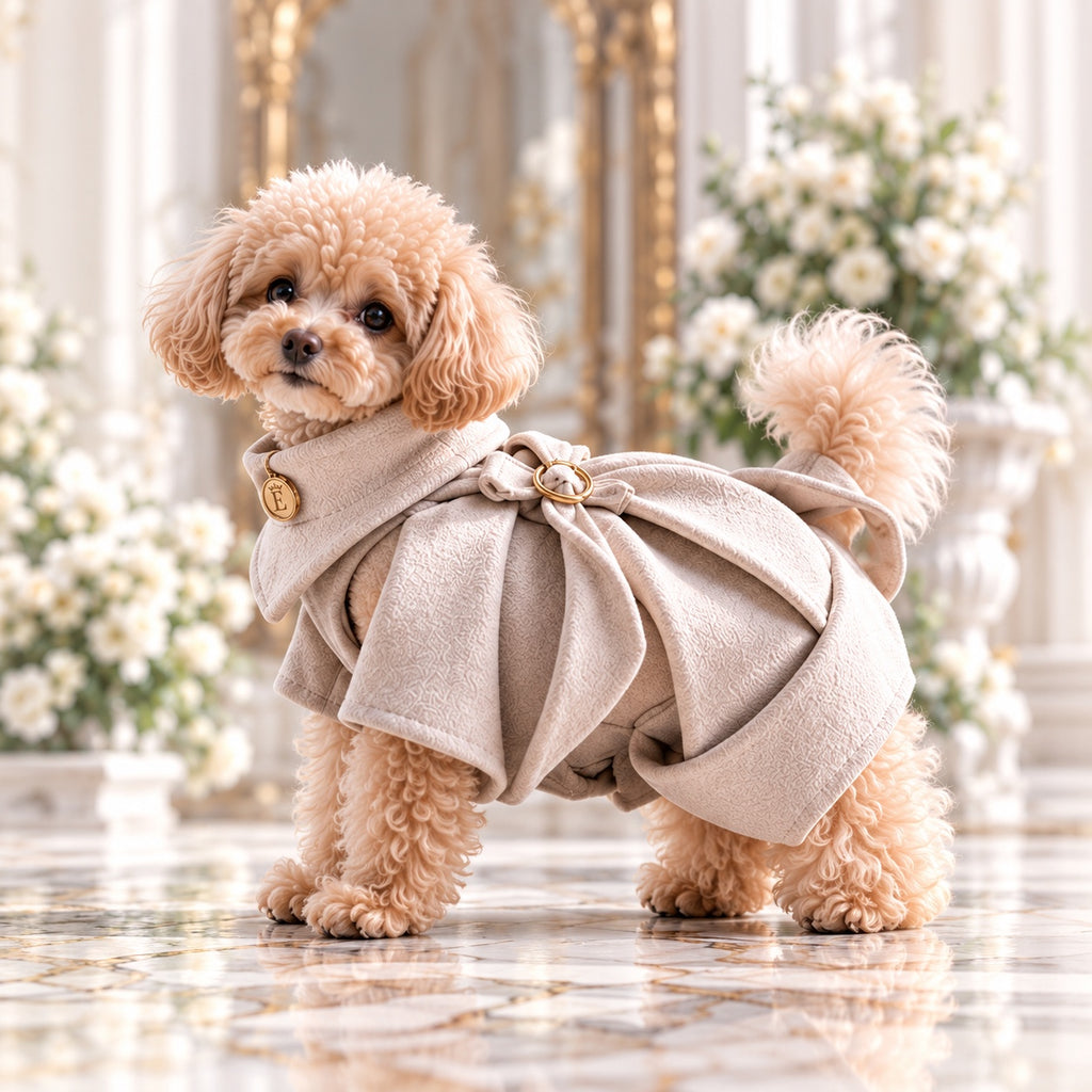 高級犬服「Luxe Ring Ribbon Cape」を着用したトイプードルの横向き写真。グレージュの繊細な織り模様、幾重にも重なるドレープ、背中のゴールドリング付きリボン、斜め襟のEマークが特徴。