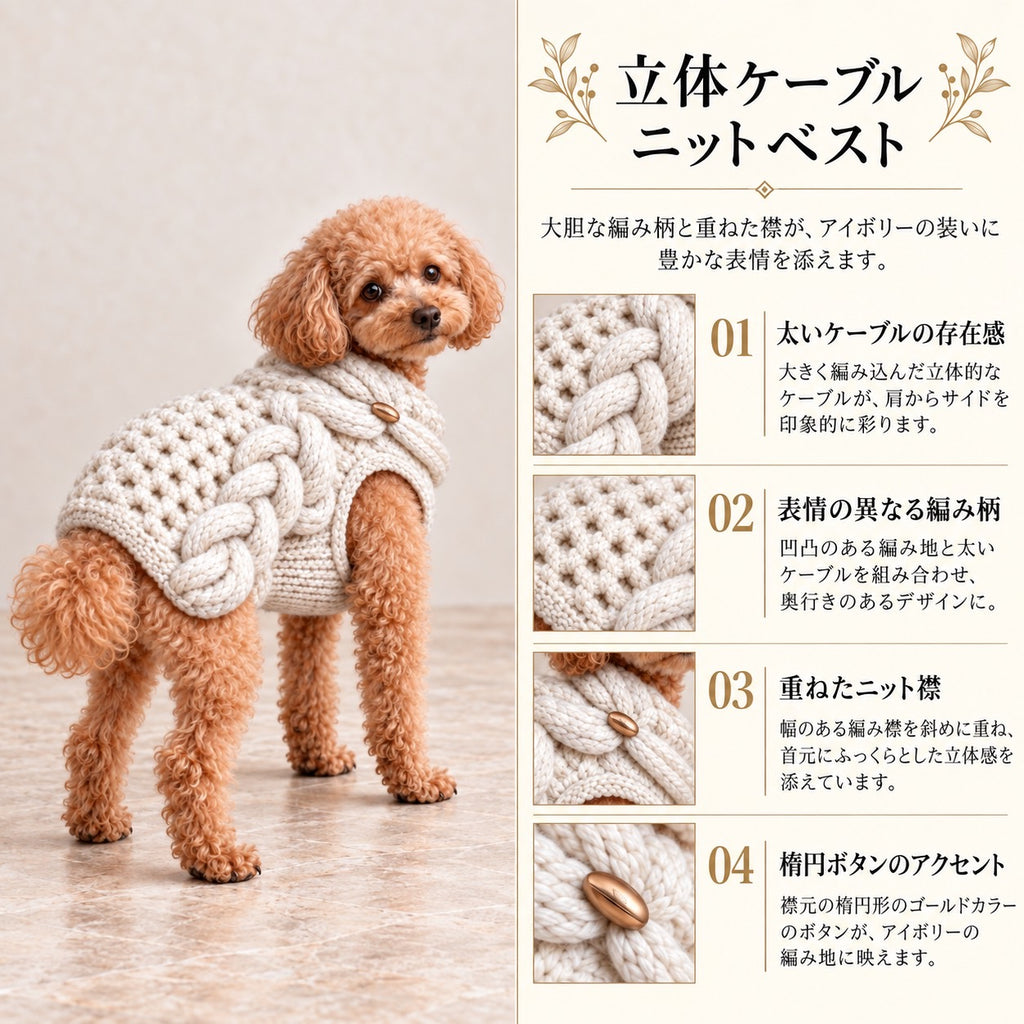 高級犬服「立体ケーブルニットベスト」を着用したトイプードルの商品紹介画像。アイボリーの太いケーブル編み、表情豊かな編み模様、重ねたニット襟、ゴールドカラーの楕円ボタンなどのデザインを紹介。