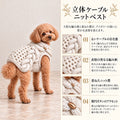 高級犬服「立体ケーブルニットベスト」を着用したトイプードルの商品紹介画像。アイボリーの太いケーブル編み、表情豊かな編み模様、重ねたニット襟、ゴールドカラーの楕円ボタンなどのデザインを紹介。