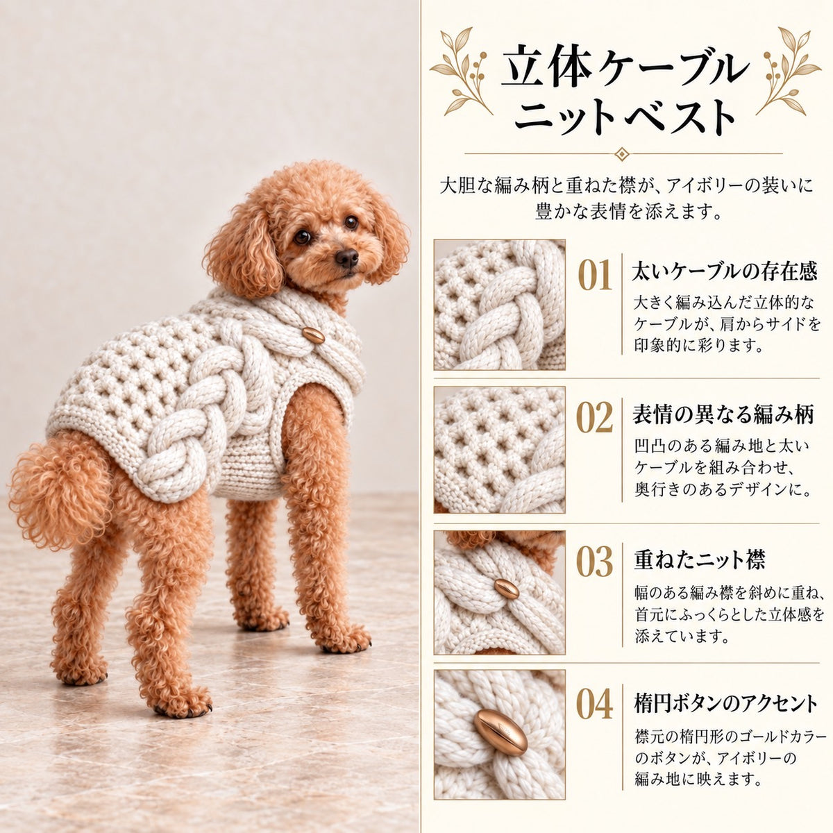 高級犬服「立体ケーブルニットベスト」を着用したトイプードルの商品紹介画像。アイボリーの太いケーブル編み、表情豊かな編み模様、重ねたニット襟、ゴールドカラーの楕円ボタンなどのデザインを紹介。