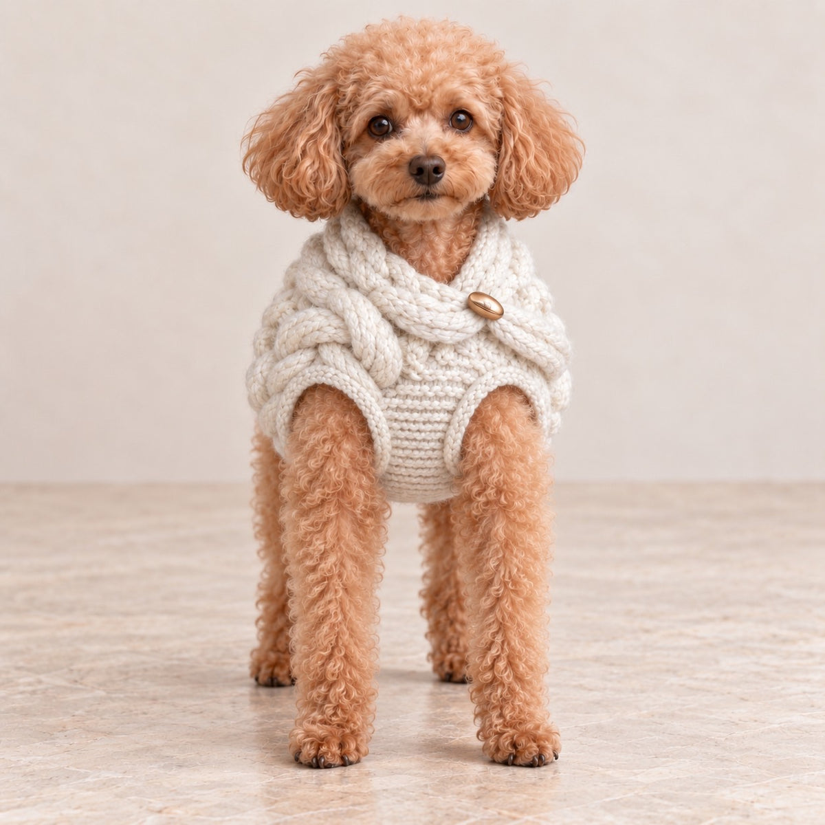 高級犬服「立体ケーブルニットベスト」のアイボリーを着用したトイプードルの正面写真。首元に重ねた太いニット襟、ゴールドカラーの楕円ボタン、胸元の編み模様が見える犬用ニットベスト。