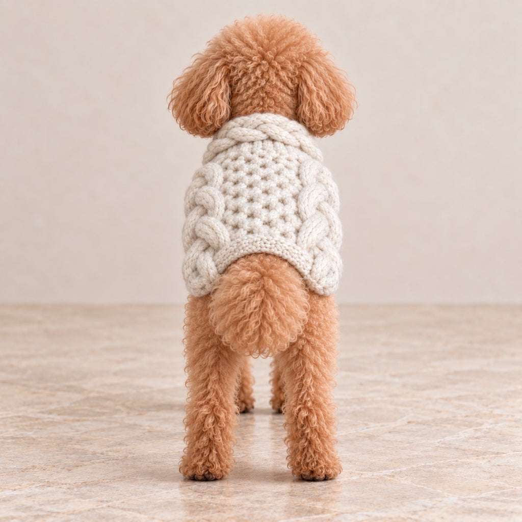 高級犬服「立体ケーブルニットベスト」のアイボリーを着用したトイプードルの後ろ姿。背中中央の凹凸ある編み模様と左右に配置された大きな立体ケーブル編み、首元のニット襟が特徴。