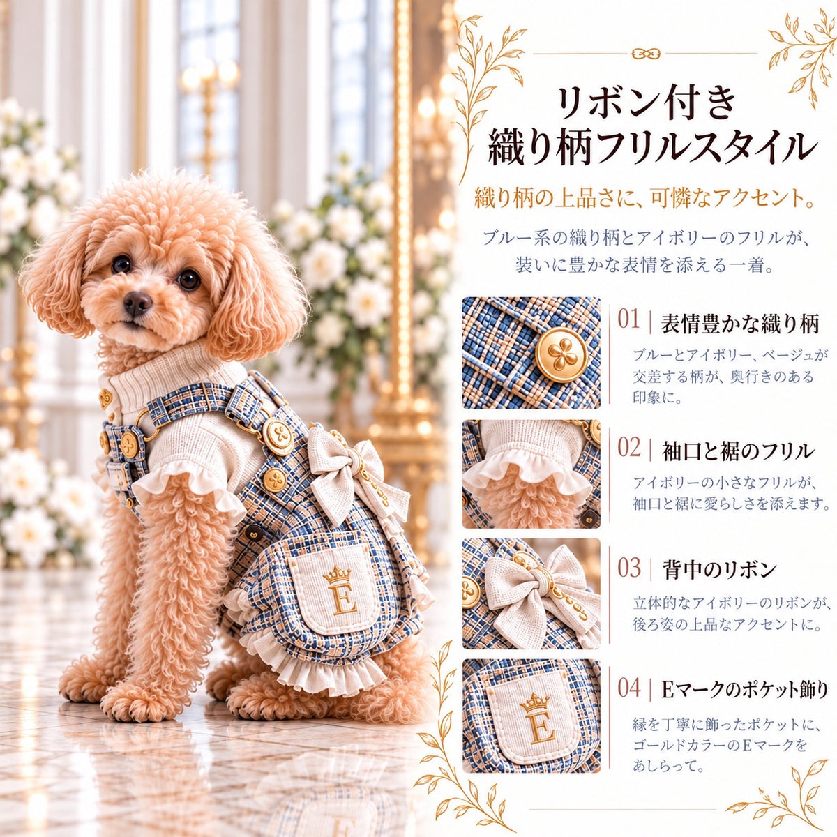 高級犬服「リボン付き織り柄フリルスタイル」を着用したトイプードルの商品紹介画像。ブルー系の織り柄、アイボリーの袖口と裾のフリル、背中のリボン、ゴールドの飾りボタン、Eマーク入りポケットを紹介。