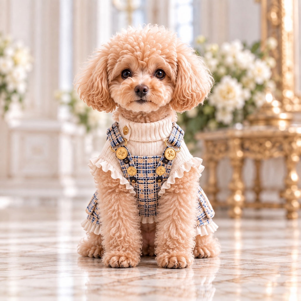 高級犬服「リボン付き織り柄フリルスタイル」を正面から着用したトイプードル。アイボリーのリブ襟と袖口のフリル、ブルー系の織り柄、胸元のゴールドの飾りボタンが特徴の犬用ウェア。