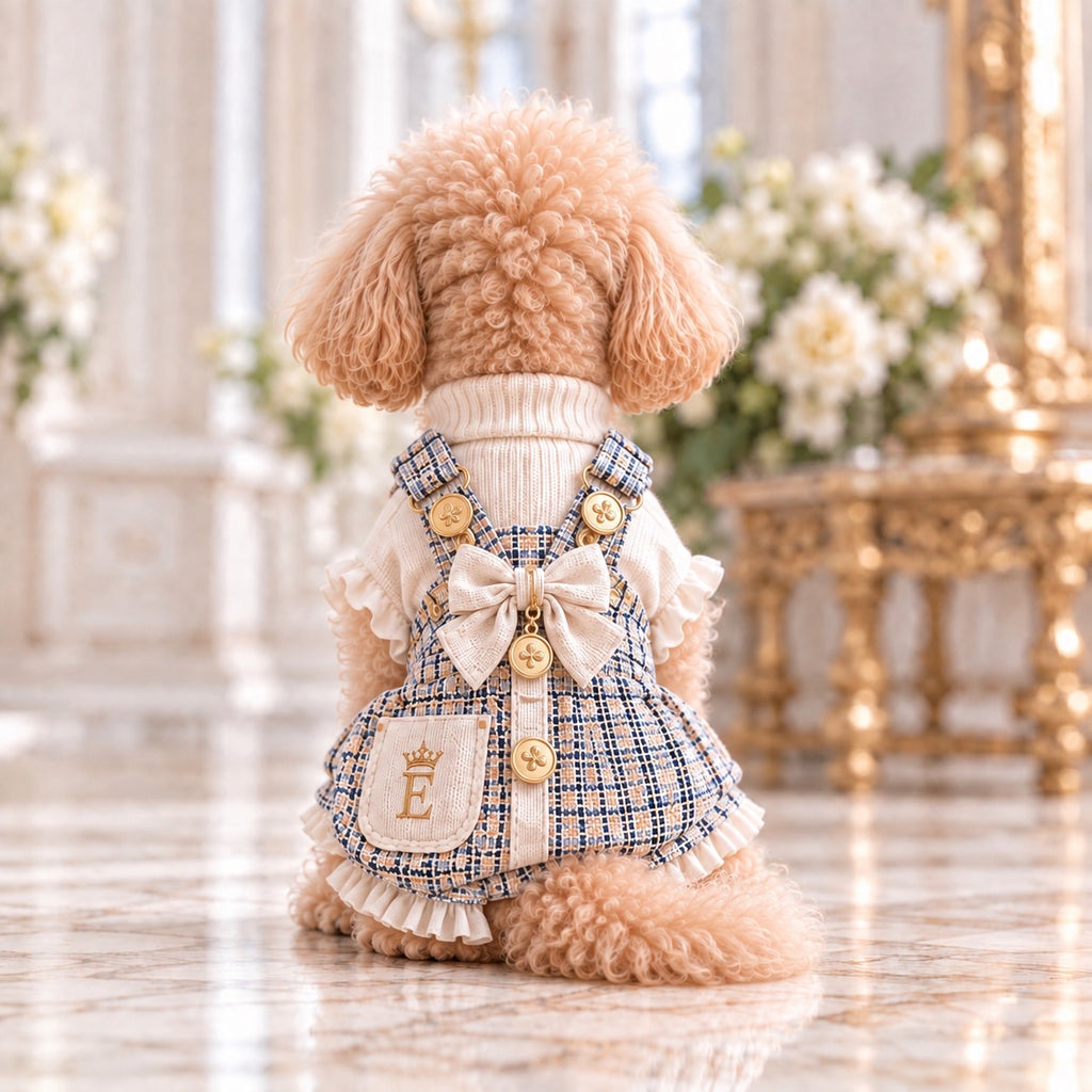 高級犬服「リボン付き織り柄フリルスタイル」を後ろ向きに着用したトイプードル。背中中央のアイボリーのリボン、ゴールドの飾りボタン、Eマーク入りポケット、裾のフリルが見えるバックスタイル。