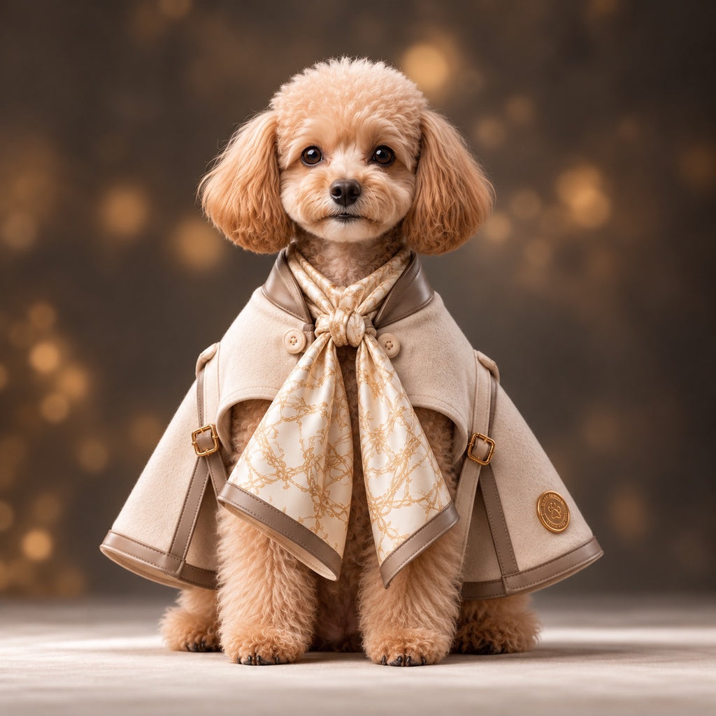高級犬服「Luxe Scarf Cape」を正面から着用したトイプードル。首元に結ばれた上品なスカーフと、左右に美しく広がるベージュのケープが特徴。洗練されたシルエットと繊細な装飾が魅力のエレガントな犬服。