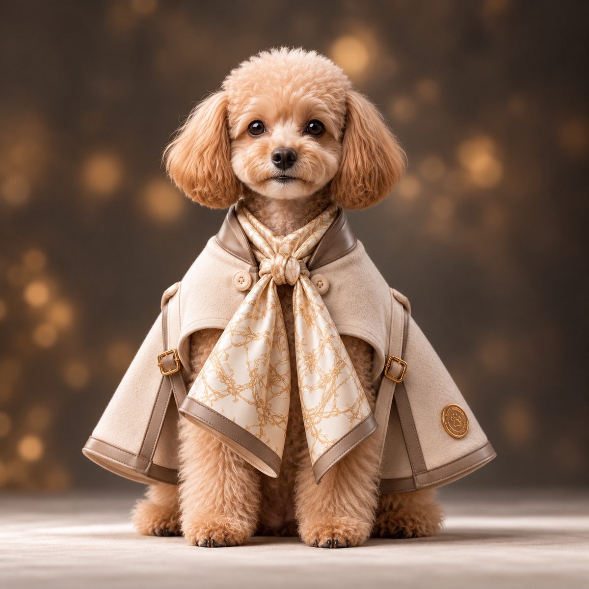 高級犬服「Luxe Scarf Cape」を正面から着用したトイプードル。首元に結ばれた上品なスカーフと、左右に美しく広がるベージュのケープが特徴。洗練されたシルエットと繊細な装飾が魅力のエレガントな犬服。