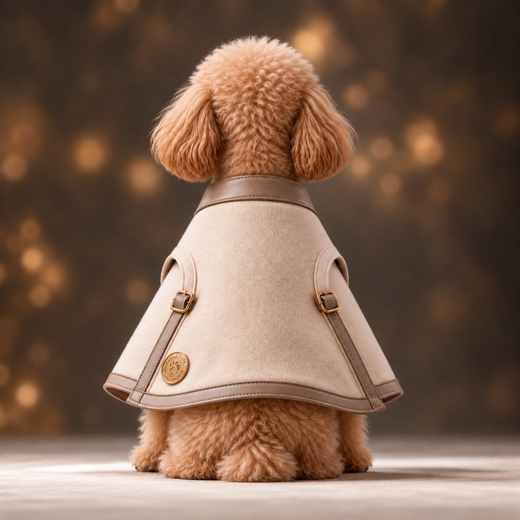 高級犬服「Luxe Scarf Cape」を後ろ向きに着用したトイプードル。背中を美しく覆うベージュのケープは、裾に向かってふんわり広がる上品なシルエット。裾の丸い装飾がアクセントになったエレガントな犬用ケープ。