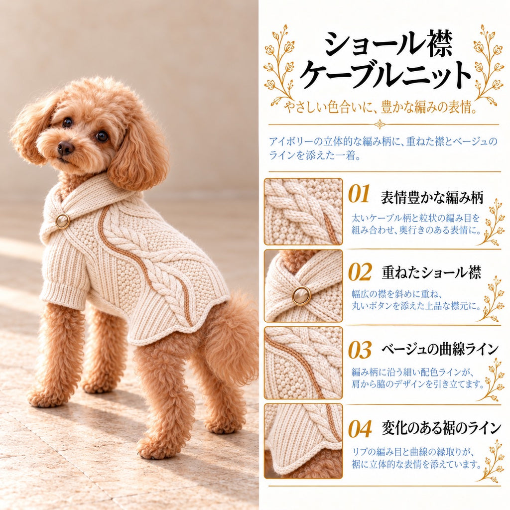 高級犬服「ショール襟 ケーブルニット」を着用したトイプードルの商品紹介画像。アイボリーの立体的なケーブル編み、重ねたショール襟、ゴールドカラーの丸いボタン、ベージュの曲線ライン、裾のデザインを紹介。