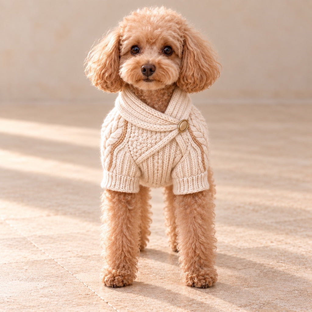 高級犬服「ショール襟 ケーブルニット」を着用したトイプードルの正面写真。アイボリーの立体的な編み模様、斜めに重なるショール襟、ゴールドカラーの丸いボタン、リブ編みの袖口を紹介。