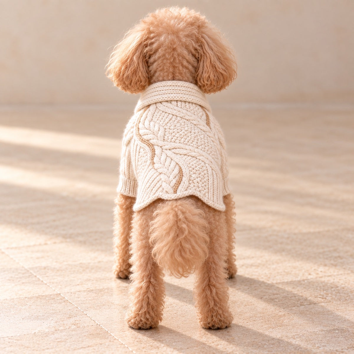 高級犬服「ショール襟 ケーブルニット」を着用したトイプードルの後ろ姿。背中に広がる立体的なケーブル編みと粒状の編み模様、ベージュの曲線ライン、波形の裾が特徴の犬用ニット。