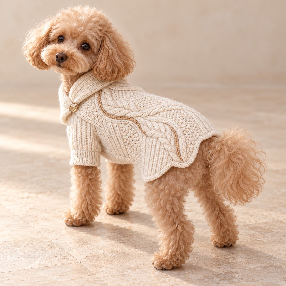 高級犬服「ショール襟 ケーブルニット」を着用したトイプードルの横向き写真。アイボリーのケーブル編みと粒状の編み模様、ベージュの曲線ライン、裾の波形デザイン、重ねたショール襟が特徴。