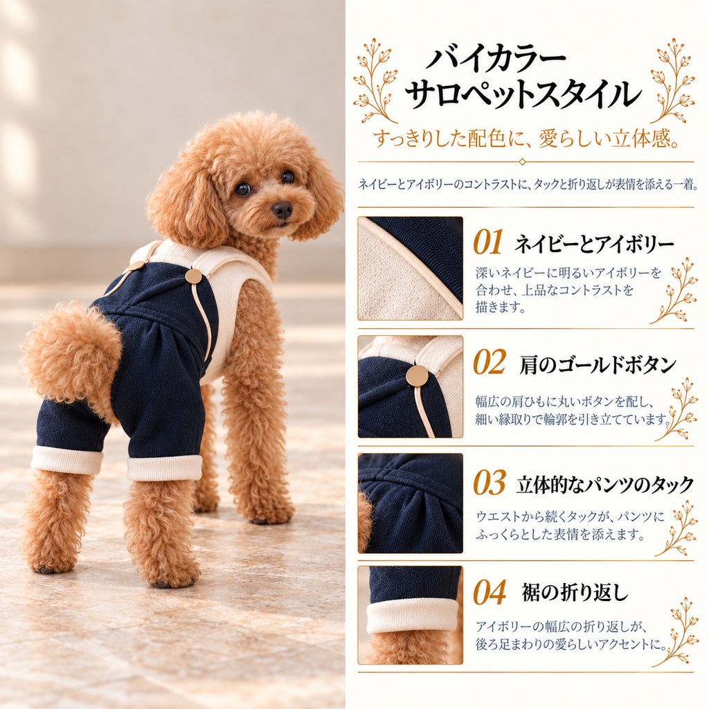 高級犬服「バイカラー サロペットスタイル」の商品紹介画像。トイプードルが着用したネイビーとアイボリーのサロペットと、肩のゴールドボタン、パンツのタック、裾の折り返しデザインを紹介。