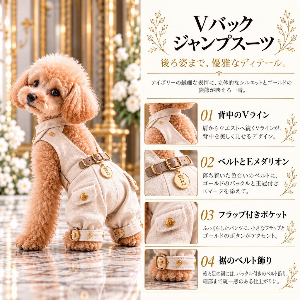 高級犬服「Luxe V-Back Jumpsuit」の商品紹介画像。トイプードルが着用したアイボリーのジャンプスーツと、背中のVライン、ゴールドのバックル、Eメダリオン、フラップ付きポケット、裾のベルト飾りを紹介。