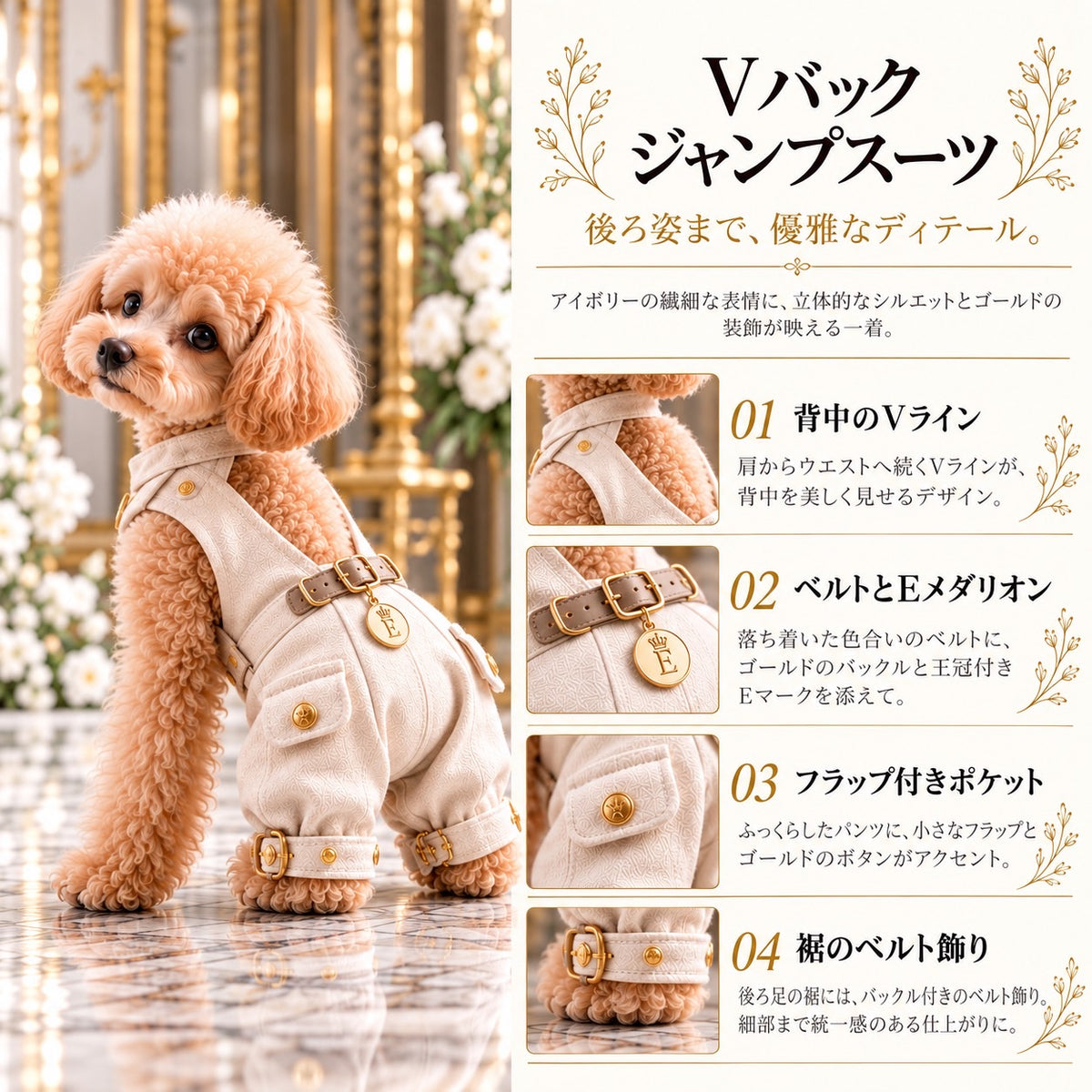 高級犬服「Luxe V-Back Jumpsuit」の商品紹介画像。トイプードルが着用したアイボリーのジャンプスーツと、背中のVライン、ゴールドのバックル、Eメダリオン、フラップ付きポケット、裾のベルト飾りを紹介。