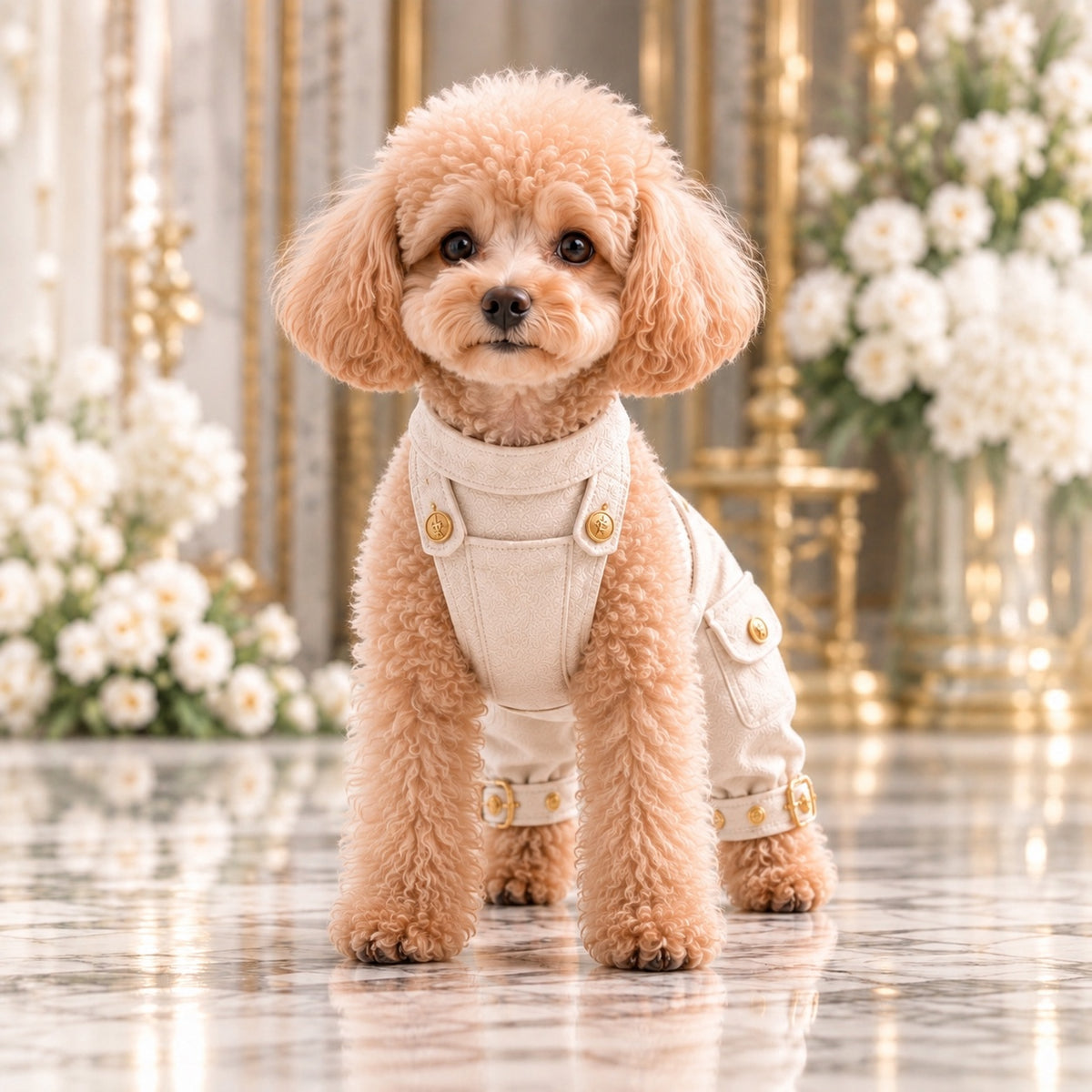 高級犬服「Luxe V-Back Jumpsuit」を着用したトイプードルの正面姿。エクリュの織り柄生地に、胸元のストラップとゴールドボタン、後ろ脚のベルト飾りを合わせたデザイン。