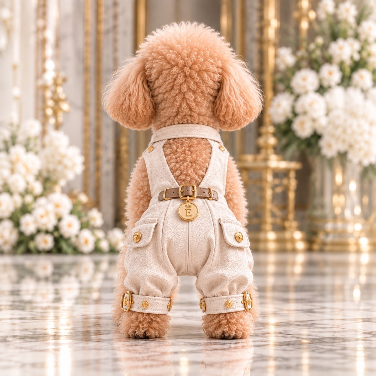 高級犬服「Luxe V-Back Jumpsuit」を着用したトイプードルの後ろ姿。背中がV字に開いたデザインと、ゴールドバックル付きベルト、Eメダリオン、左右のフラップポケットが特徴。