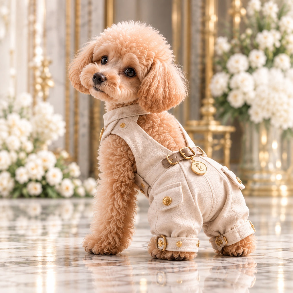 高級犬服「Luxe V-Back Jumpsuit」のエクリュを着用したトイプードルの斜め横姿。背中のVラインとウエストベルト、ゴールドのEメダリオン、立体的なパンツのシルエットが特徴。