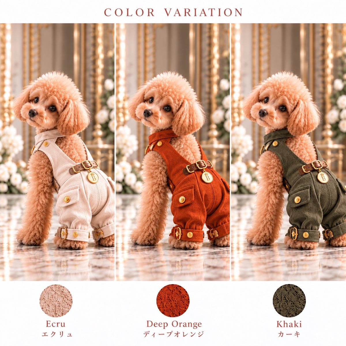高級犬服「Luxe V-Back Jumpsuit」のカラーバリエーション画像。トイプードルがエクリュ、ディープオレンジ、カーキの3色を着用。背中のVラインとベルト付きジャンプスーツを比較。